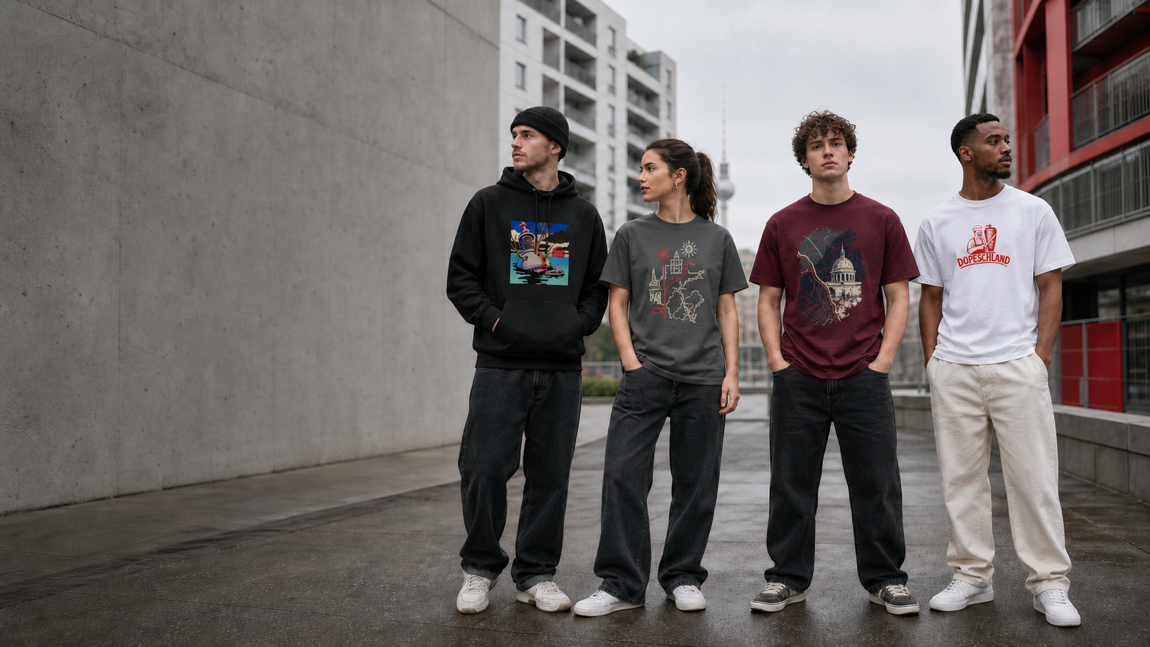 Dopeschland Streetwear-Kampagne mit Hoodie und T-Shirts vor urbaner Stadtarchitektur